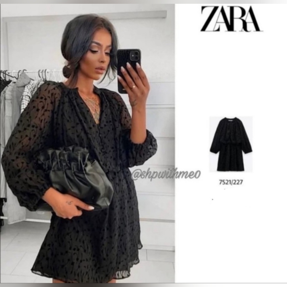 Zara Black Velvet Burnout Polka Dot Mini Dress Bishop Sleeve V-Neck
